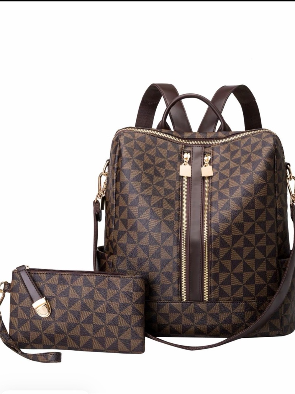 Brown Geometric Pattern Backpack with Pouch